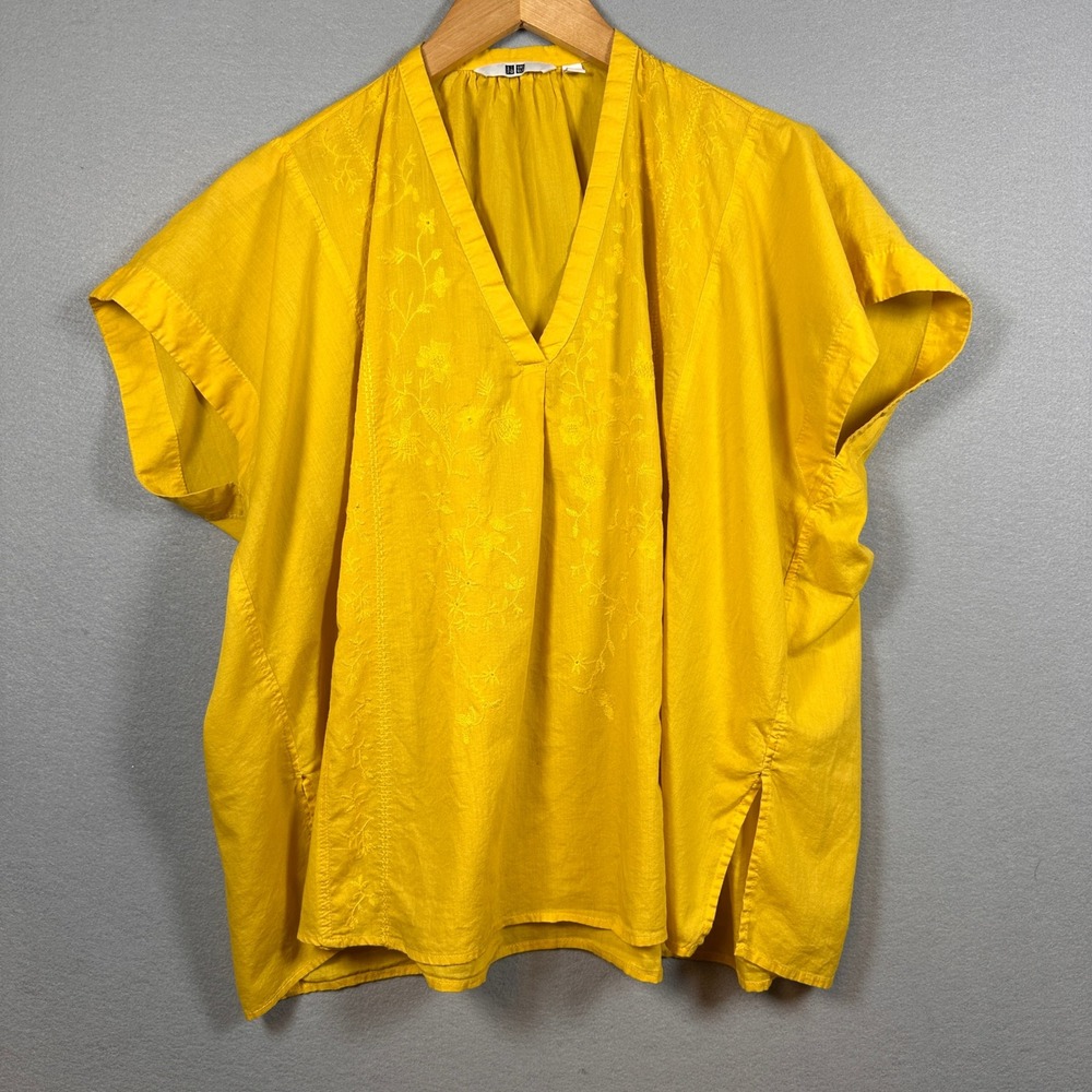 Uniqlo Womens Yellow Floral Embroidered Cotton VNeck Blouse Top Boho Chic Size M